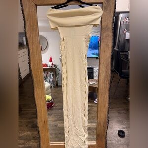 Fashion Nova Cream Off-Shoulder Dress